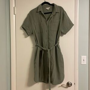 Sage button down dress with tie, small